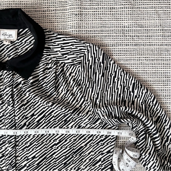 Black White Mixed Pattern Blouse Polka Dot Striped - Picture 9 of 12